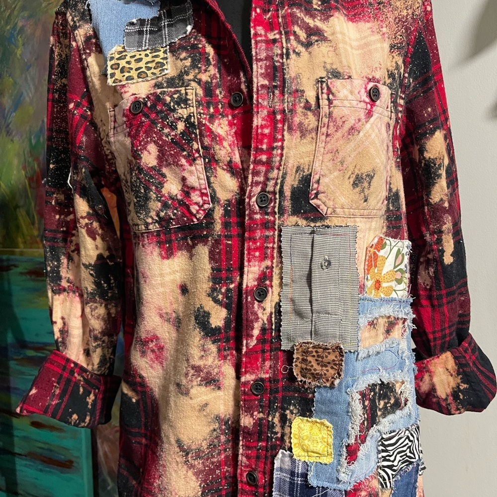Up-cycled Bleached Red & Black Flannel Denim Vintage Patchwork Shirt Shacket